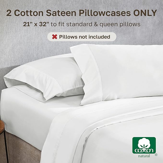 California Design Den Standard Queen Size Pillowcase Set - 400 Thread Count, 100% Cotton Sateen, Set of 2 Pillow Covers, Soft and Breathable - Antique White