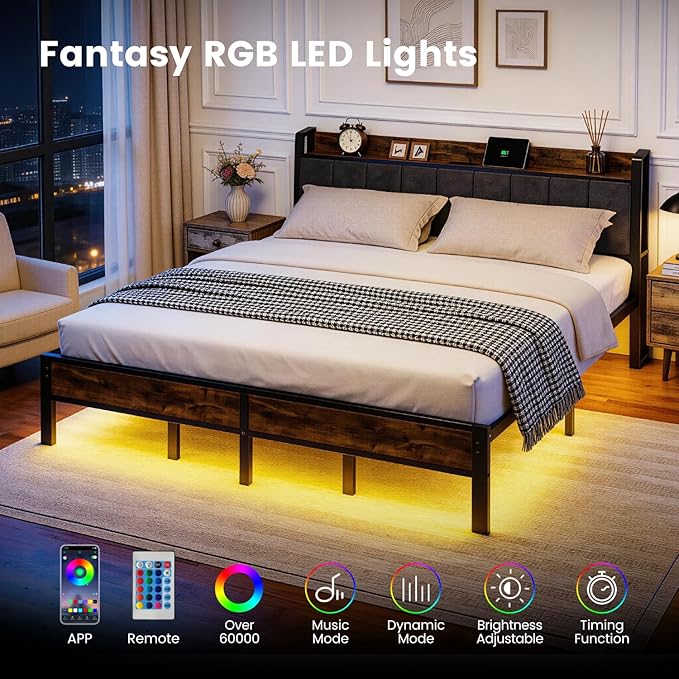 King Size Bed Frame with Charging Station, Storage Headboard with Smart LED Lights, Metal Platform Bed Frame with USB Ports, Noise Free, No Box Spring Needed, Easy Assembly