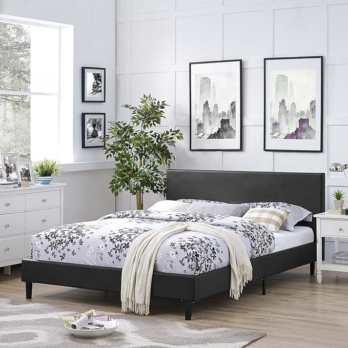 Modway Anya Upholstered Black Faux Leather Full Platform Bed with Wood Slat Support