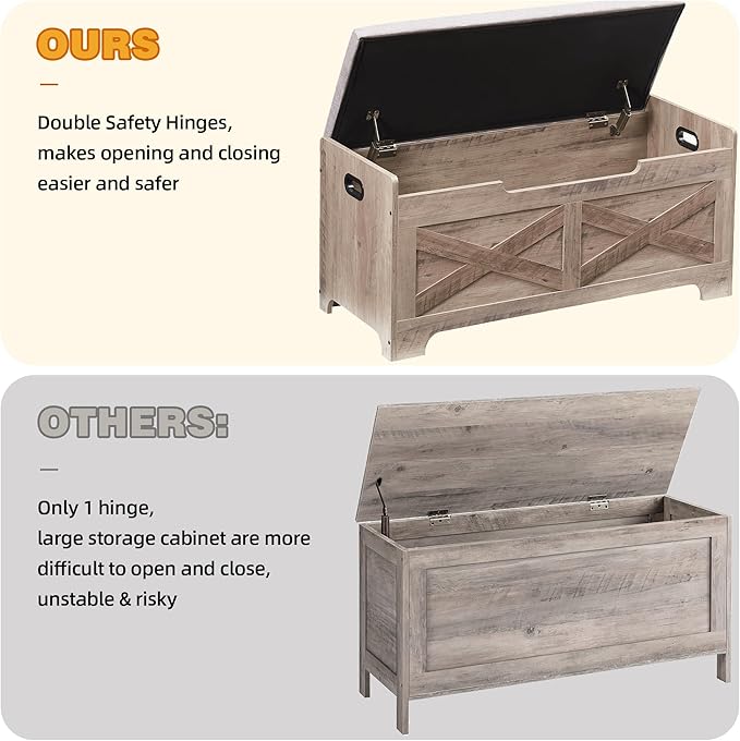 GAOMON Storage Chest, Lift Top Storage Trunk with 2 Safety Hinges, Barn Style Organizer, Wooden Entryway Bench with Seat Cushion, Large Storage Chest for Entryway, Bedroom, Living Room