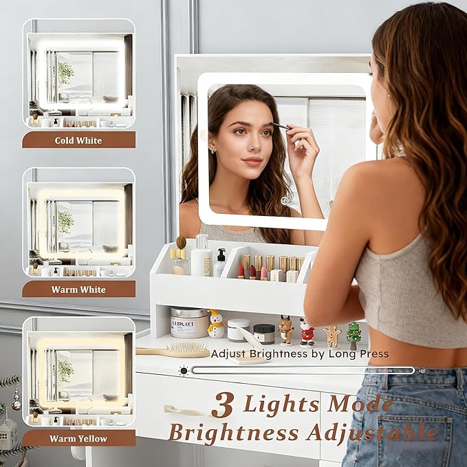 Casaphoria Vanity Desk with Stool, LED Mirror & Outlet, 43 Inch White Makeup Vanity with 2 Drawers & 7 Shelves, Dressing Table with Storage Stool for Bedroom