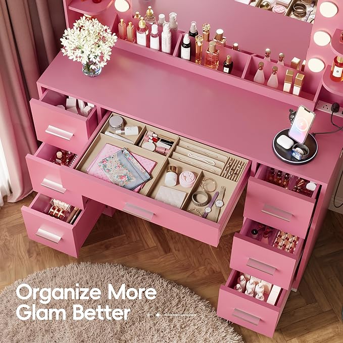 Furmax Vanity Desk with Hollywood Style Mirror with LED Lights, Makeup Table Vanity with 2 AC Outlets and1 USB＆1 Type-C Port, Adjustable Lighting, Modern Ample Storage Drawers Dressing Table (Pink)