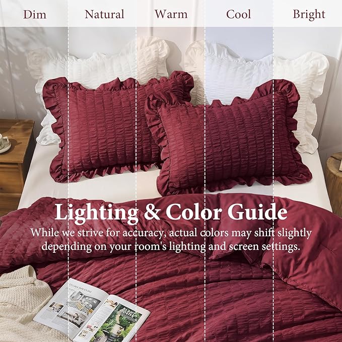 JOLLYVOGUE Full Size Comforter, 3 Pieces Burgundy Seersucker Lightweight Full Size Bedding, All Season Fluffy Microfiber Bedding Comforter Set with 1 Ruffle Comforter and 2 Ruffle Pillowshams