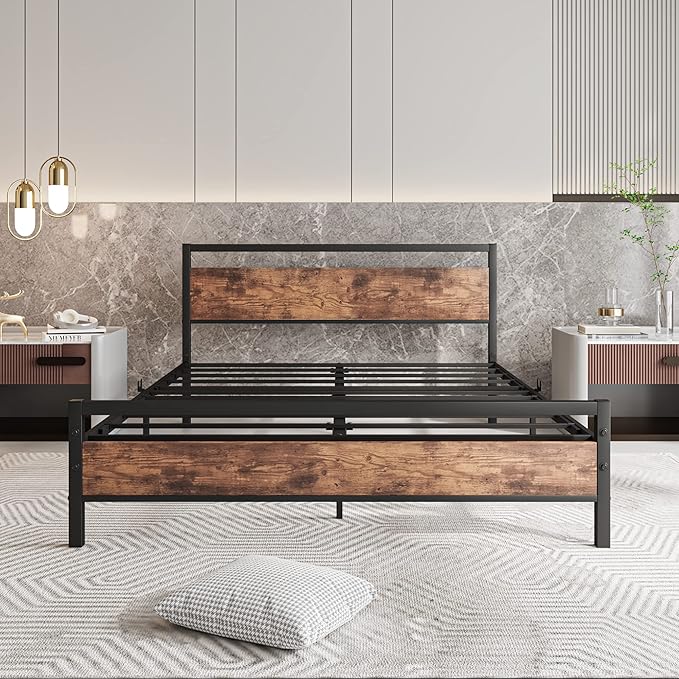 HOJINLINERO Queen Bed Frame with Headboard,Metal Platform Bed Frame Queen Size with Storage No Box Spring Needed,Heavy Duty Steel Slats,Bedframe Mattress Foundation,Black & Rustic Brown