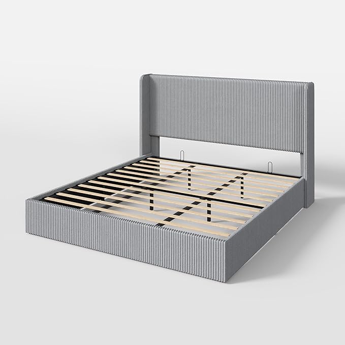 SHA CERLIN King Size Lift Up Storage Bed Frame, Modern Upholstered Wingback Headboard, Hydraulic Support & Underneath Storage, Soft Corduroy Fabric Platform Bed, No Box Spring Needed, Light Grey
