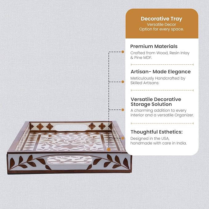 Handicrafts Home Alhambra El Plato Decorative Tray, 17”x11” Wood & Resin Inlay Coffee Table Tray with Handles, Handmade Serving Ottoman Tray for Living Room Decor, Boho Farmhouse Home Accent