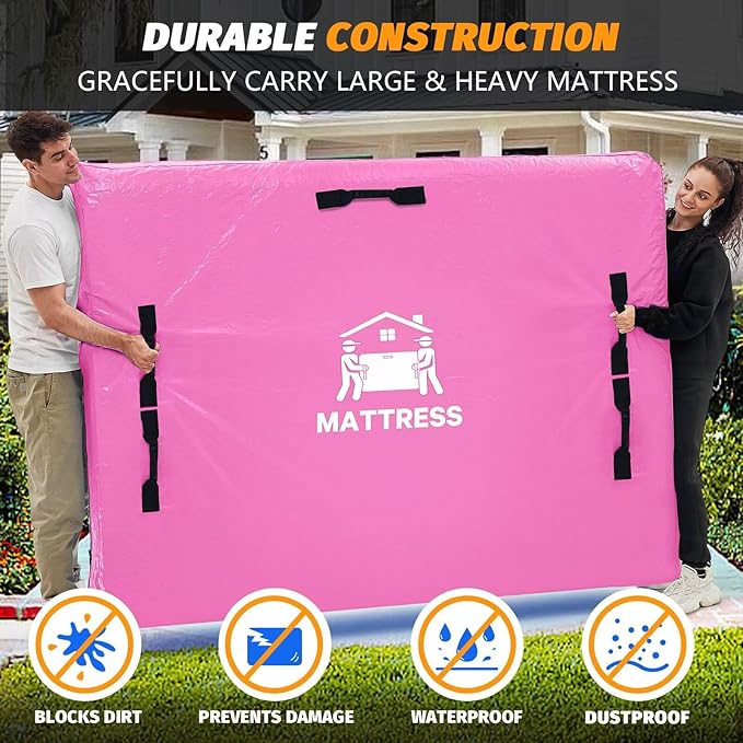 Mattress Bags for Moving, BETU Mattress Protector Waterproof Mattress Cover Storage Bags with 8 Heavy-Duty Handles and Zipper for Bed Extra Thick Large Reusable,82"x42"x15",Pink