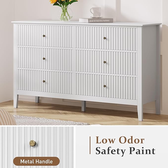 FansaFurn White Dresser Fluted 6 Drawer Dresser Wide Modern Chest of Drawers Large Closet Dressers Wood Storage Dressers Organizer Storage Cabinet for Bedroom Living Room Hallway Entryway