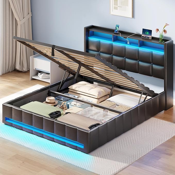 Rolanstar Bed Frame Full Size with Lift Up Storage, Charging Station & LED Lights, Upholstered Storage Headboard, Heavy Duty Wooden Slats, No Box Spring Needed, Noise Free, Easy Assembly, Black