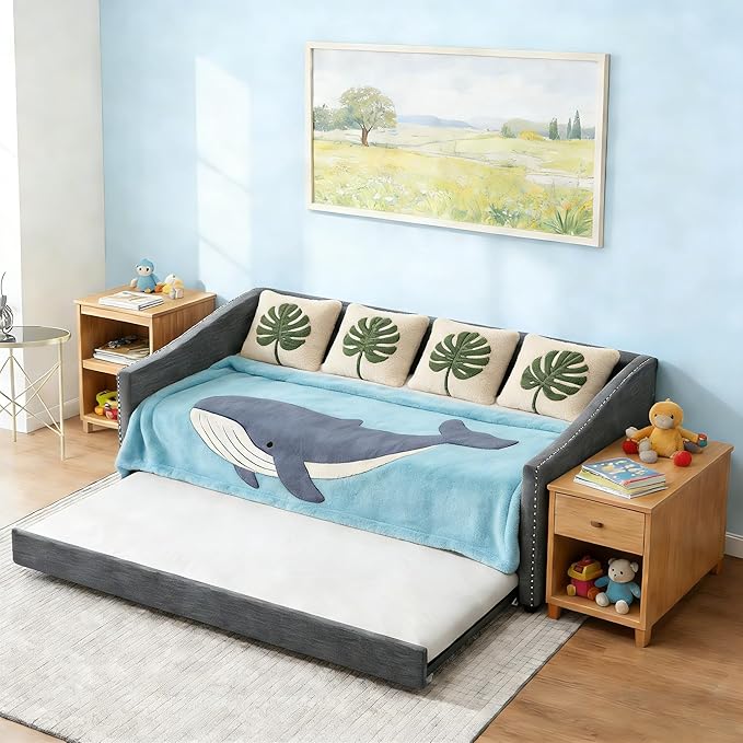 Upholstered Daybed with Trundle, Twin Size Day Bed w/Button-Tufted Back and Piping on Waved-Shape Arms for Bedroom or Guest Room, No Box Spring Required, Dark Gray