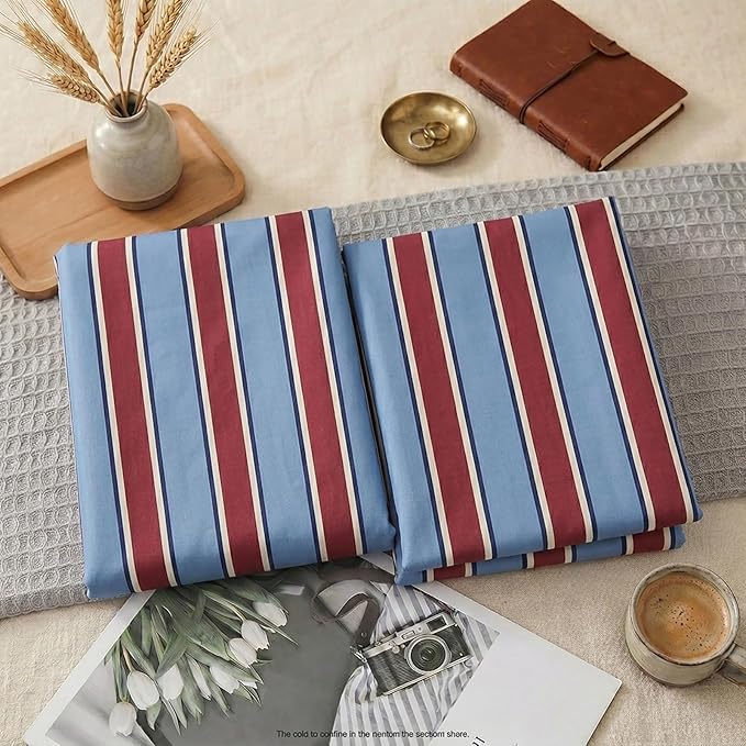 Merryword Burgundy and Blue Striped Pillowcases, 100% Cotton Pillow Cases, Standard Size Pillowcases, Luxury Linen Like Pillowcase, Soft Breathable Stripe Pillow Covers, Set of 2