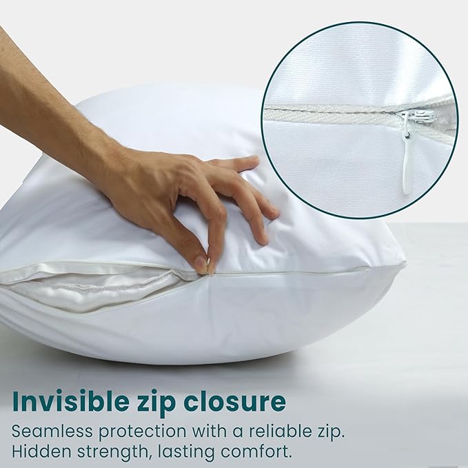 Waterproof Pillow Protectors with Zipper, Queen Size Pack of 2 Zippered Pillow Covers, Noiseless Pillow Encasement Cases 20 x 28 Inches