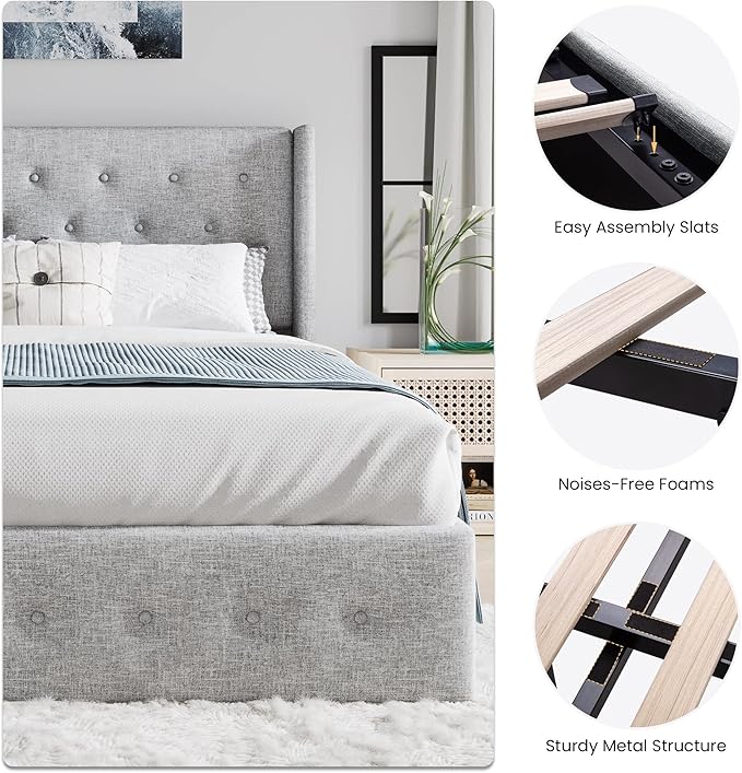 SHA CERLIN Queen Size Lift Up Storage Bed Frame,Button Tufted Wingback Headboard,Upholstered Platform,Hydraulic Storage,Wooden Slat Support,No Box Spring,Light Grey