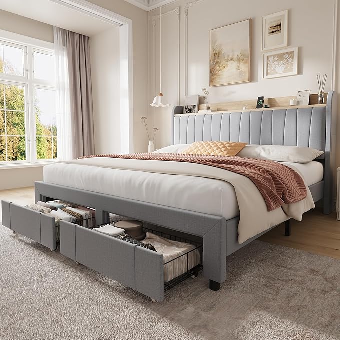 Garvee Upholstered Bed Frame King Size with Storage Headboard and Charging Station, Platform Bed Frame with Drawers, Heavy Duty, No Box Spring Needed, Easy Assembly, Light Grey