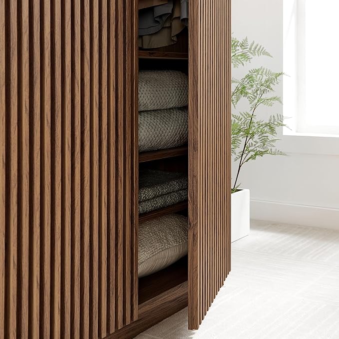 Modway Render Mid Century Modern Wardrobe Armoire Closet in Walnut w/Vertical Slatted Doors - 71Inch Freestanding Closet w/Adjustable Shelves & Hanging Rods - Tall Bedroom Storage Cabinet