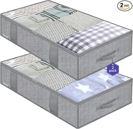 Onlyeasy Large Underbed Storage Bags Organizer Container (2 Pack) with 4 Handles and 2 Sturdy Zippers, Blankets Clothes Comforters Foldable Storage Bags with Clear Window, Herringbone Grey, MXRUBBP2