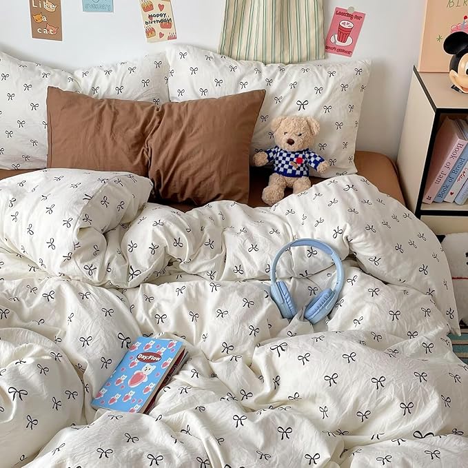mixinni Vintage Bowknot Pattern Duvet Cover Set - Twin Size, 3 Pieces (1 Duvet Cover + 2 Pillowcases) - Boho Chic Black Bow Design Bedding with Zipper Closure for Girls & Women