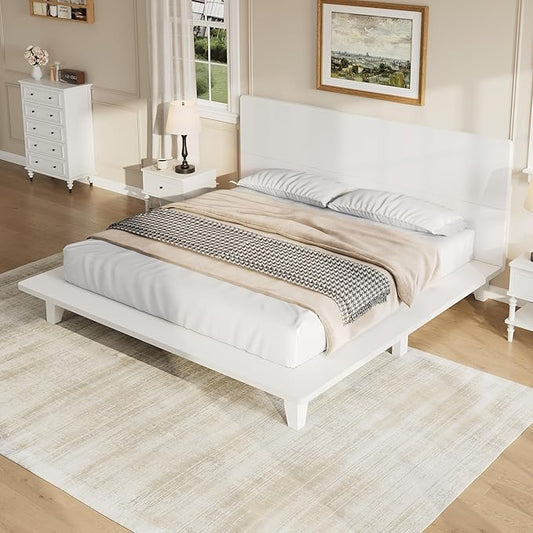 Mid-Century Queen Size Wooden Bed Frames, Pine Wood Japanese Low Platform Bed with White Headboard, 7 inch Low Under Bed Storage, 800 lbs Capacity, No Box Springs Required (White, Queen, 35.4" H)