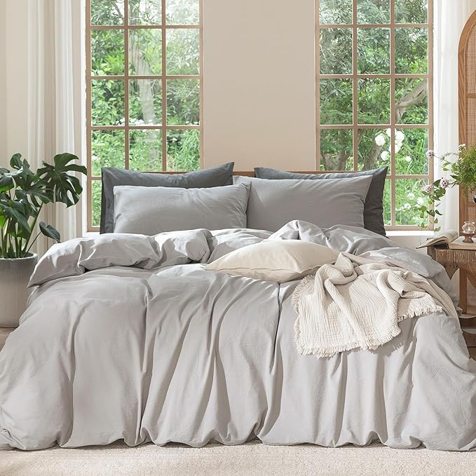 MooMee Bedding Duvet Cover Set 100% Washed Cotton Linen Like Textured Breathable Durable Soft Comfy (Solid Tan, King 104"x90")