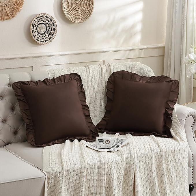 Merryword Chocolate Pillowcases 18x18 Dark Brown Throw Pillow Covers Pack of 2 Soft Microfiber Ruffle Decorative Pillowcase Cushion for Couch Sofa Bedroom