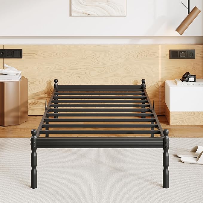ZIYOO Twin Size Bed Frame with Mattress Slide Stopper, 18 Inches Heavy Duty Sturdy Platform with Vintage Style, Anti-Slip Design, Easy Assembly, No Box Spring Needed