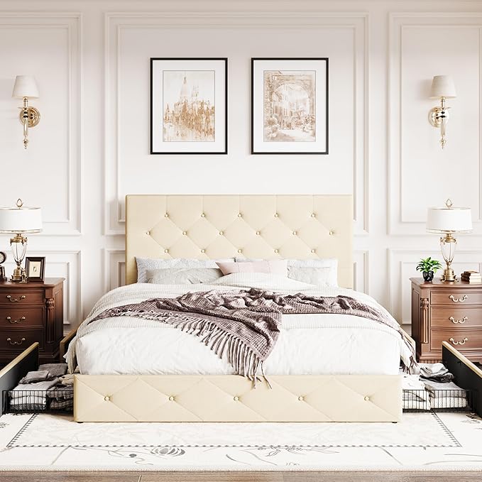 SHA CERLIN Upholstered Queen Size Platform Bed Frame with 4 Storage Drawers, Adjustable Headboard with Diamond Stitched Button Tufted Design, Wooden Slat Support, No Box Spring Needed, Beige
