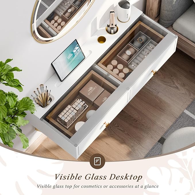 IEO 31.5" Floating Makeup Vanity Table Wall-Mounted Dressing Table with 2 Drawers Floating Desk Glass Top Wall for Small Space Bedroom,Warm White