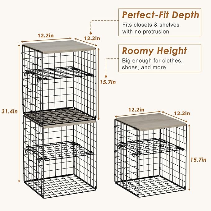 4-Tier Stackable Closet Organizers and Storage, Adjustable Dividers & Wood Top Storage Shelves for Clothes, Wardrobe & Closet Storage Basket Bins/Cube, Space-Saving Closet Organizer System, Black
