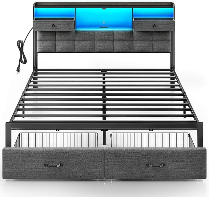 Rolanstar Bed Frame King Size with Drawers and Charging Station, Upholstered Platform Bed with Storage Headboard and LED Light, Heavy Duty Metal Support, No Box Spring Needed, Noise Free, Grey