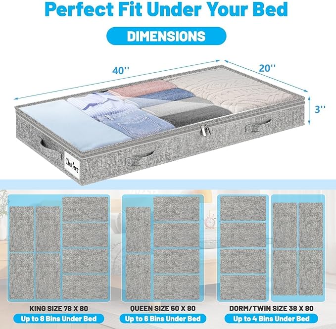 3 Inch Low Profile Under Bed Storage Drawer 4 Pack, Lightweight Underbed Clothes Storage Container Bins With NO STURCTURE, Shallow Storage Bag for Dorm & Home, With Clear Lids & Water-Resistant Fabric