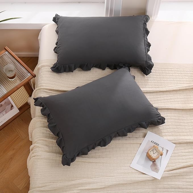 Merryword Dark Gray Pillow Shams Reversible Pillowcases Cute Pillow Cover Set of 2 Soft Shabby Chic Ruffled Pillowcases 2 Pack (Queen (20''x30''), Dark Gray)