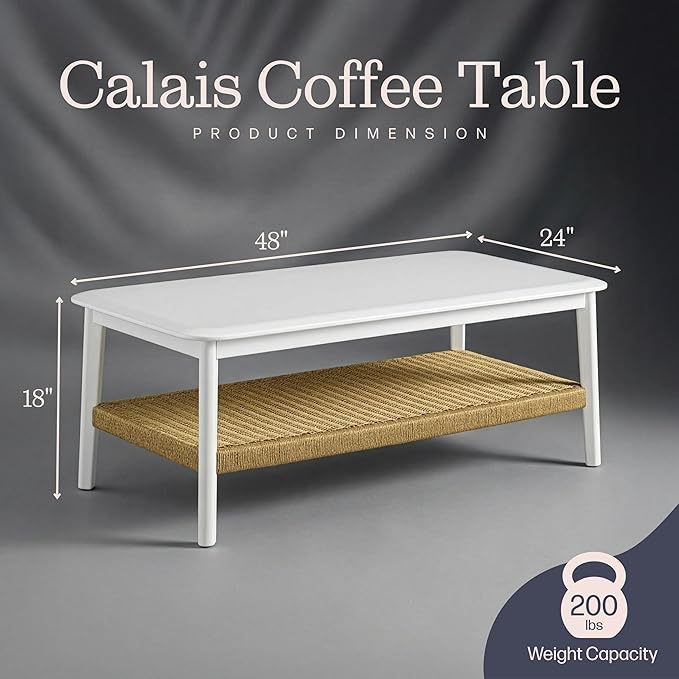 Alaterre Furniture Calais 48 Inch Rectangular Wood Coffee Table with Woven Storage Shelf – Mid Century Modern 2-Tier Living Room Table (White)