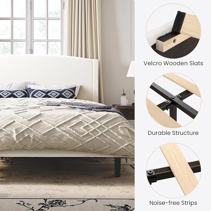 SHA CERLIN King Size Bed Frame with Soft Teddy Fabric, Boucle Upholstered Platform Bed, Curved Headboard Design, Wooden Slats Support, Noise-Free, No Box Spring Needed, Easy Assembly, White
