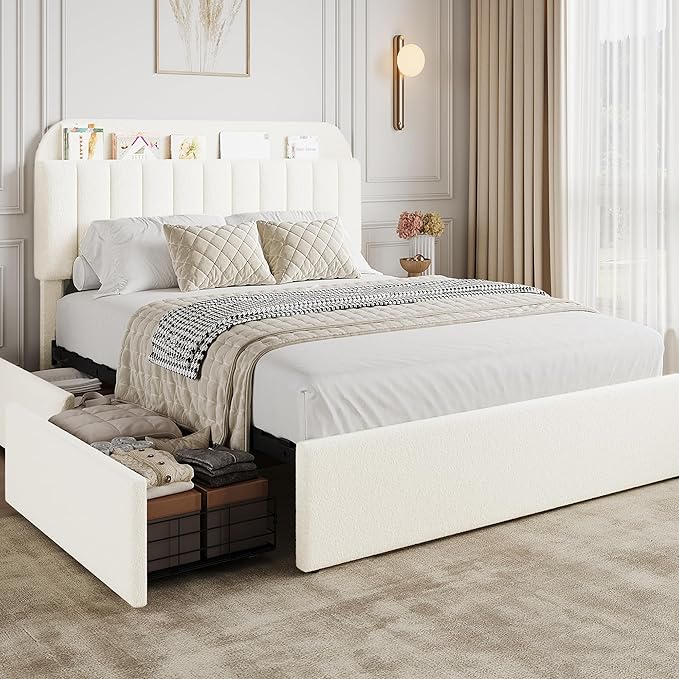 GarveeHome Full Bed Frame with Storage Headboard, Kids Bed Frame with 2 Drawers, Boucle Upholstered Platform Bed with Bookcase, No Box Spring Needed, Easy Assembly, Beige White