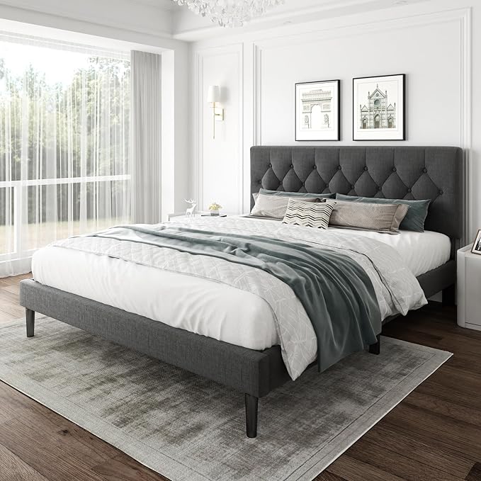 CXVX King Size Platform Bed Frame with Upholstered Headboard, Button Tufted Design, Strong Wooden Slats, No Box Spring Needed, Easy Assembly, Noise Free