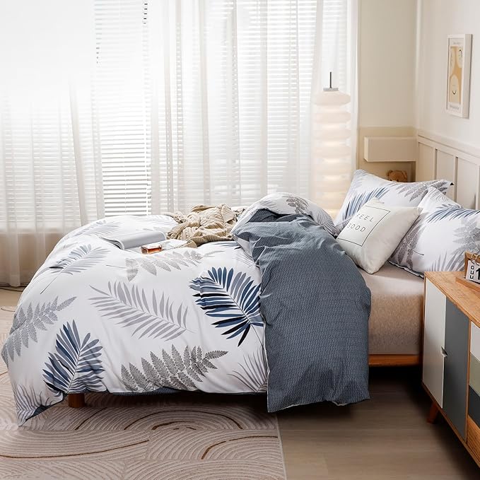 OAITE Duvet Cover Set,100% Cotton Comforter Cover with Leaf Pattern Duvet Cover Set,Soft Bedding Set Includes with 3 Piece (2 Pillow Shams,1 Duvet Cover)