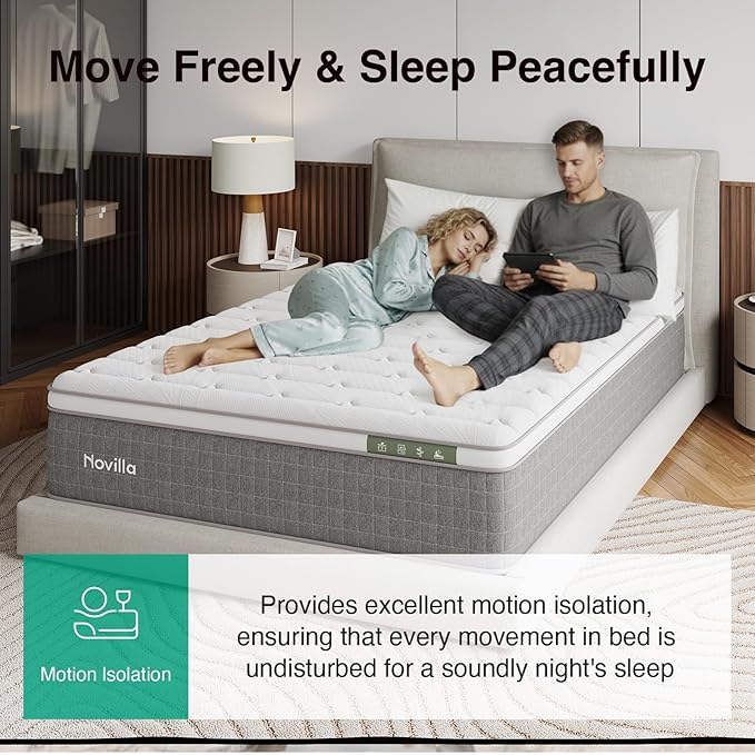 Novilla 14 Inch Queen Size Mattress,Hybrid Queen Mattress with Gel Memory Foam, Cool-to-Touch Nylon Blend & Pocketed Coils for Adaptive Body Support & Motion Isolation CertiPUR-US Certified