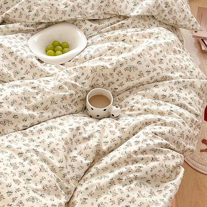 mixinni Boho Floral Girls Duvet Cover Set King Size Soft Cotton Comforter Cover Set Farmhouse Shabby Chic Flower Duver Cover for Women, 1 Cute Floral Duver Cover and 2 Pillowcases for All Seasons