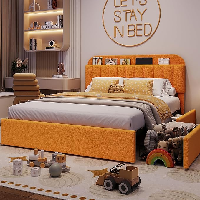 Garvee Full Size Bed Frame with 2 Flexible Drawers, Boucle Upholstered Platform Bed Frame with Bookcase Headboard, Bedframe for Girls/Boys, Easy Assembly, No Box Spring Needed, Noise Free, Yellow