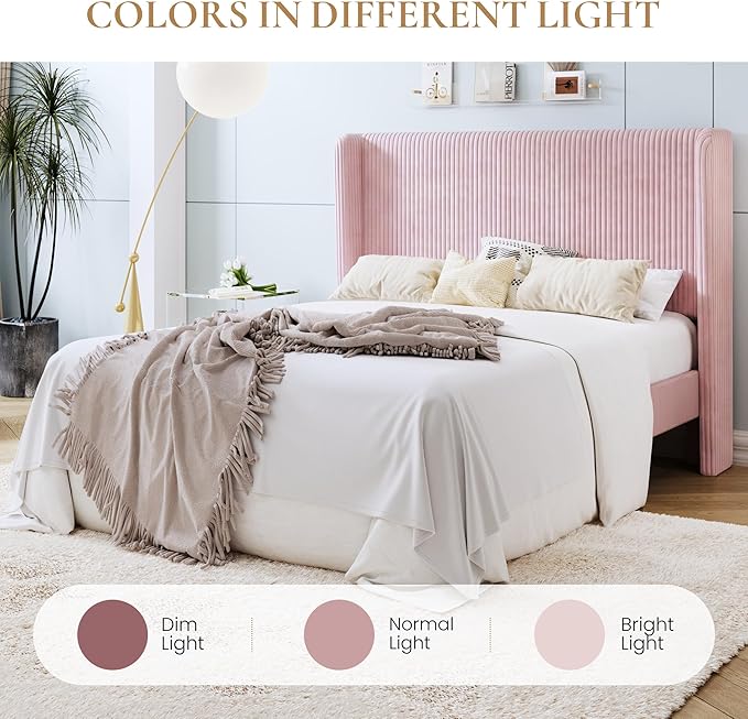 SHA CERLIN Full Size Corduroy Upholstered Platform Bed Frame with Vertical Channel Tufted Wingback Headboard, 8" Under Bed Storage, Wooden Slats & Metal Frame Support, Easy Assembly, Light Pink