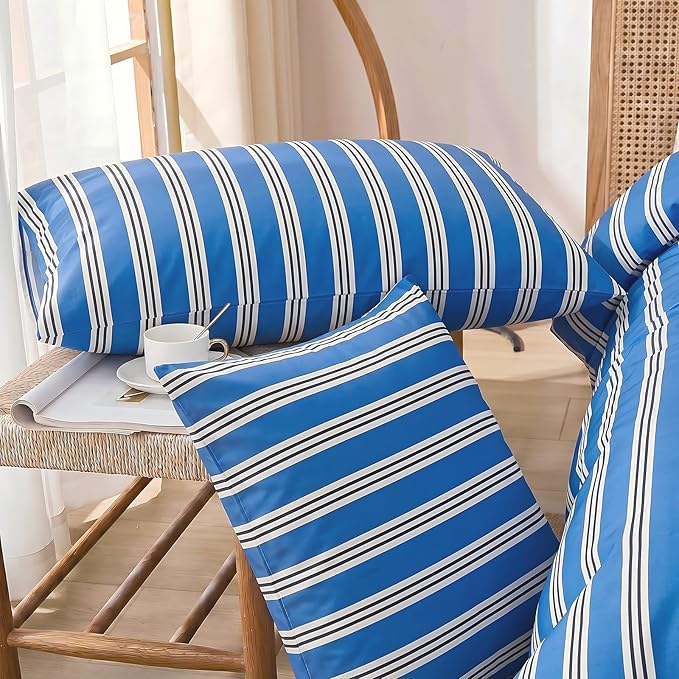 Merryword Standard Size Pillowcases, 100% Cotton Pillow Cases, Blue Striped Pillowcases, Soft Breathable Ribbon Stripe Pillow Covers, Set of 2