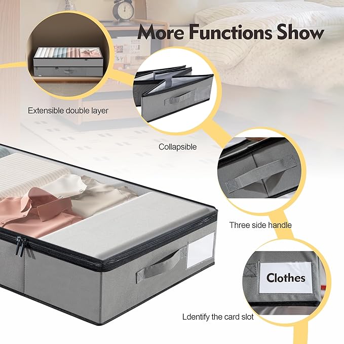 Supowin Large Under Bed Storage Containers, 2-Pack Double Layer Underbed Storage Bins with 3 Handles, 70L Extensible/Closed Clothes Storage Organizer with Sturdy Bottom Sidewalls, Grey