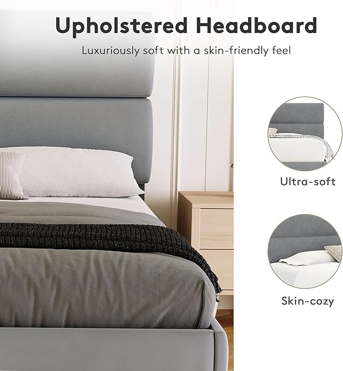 GRUSIGN Full Size Platform Bed Frame with Velvet Headboard, Adjustable Height Wooden Slats Support, Upholstered Mattress Foundation, Fits Mattress or Mattress with Box Spring, Easy Assembly, Grey