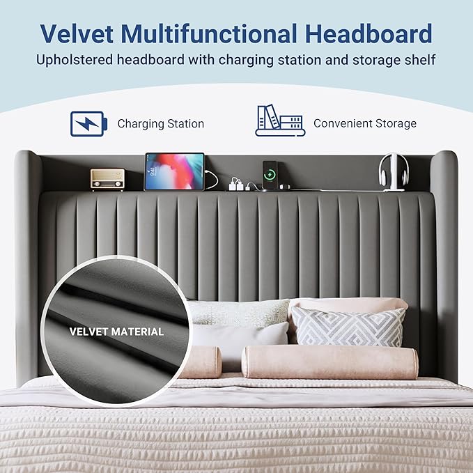 Allewie King Size Platform Bed Frame with USB Charging Station and Storage Shelf/Upholstered Velvet Wingback Headboard/Wooden Slats Support/No Box Spring Needed/Easy Assembly, Grey