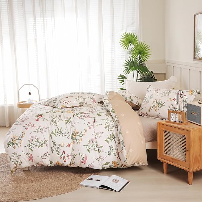 OAITE Duvet Cover King Size - 100% Cotton Comforter Cover Floral Duvet Cover Sets 3-PC, Breathable Duvet Cover with Zipper Closure & Corner Ties