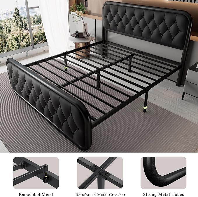 Feonase Queen Size Bed Frame, Heavy Duty Bed Frame with Faux Leather Headboard, Upholstered Platform Bed with Strong Metal Slats, 12" Under-Bed Storage, Noise-Free, Easy Assembly, Black