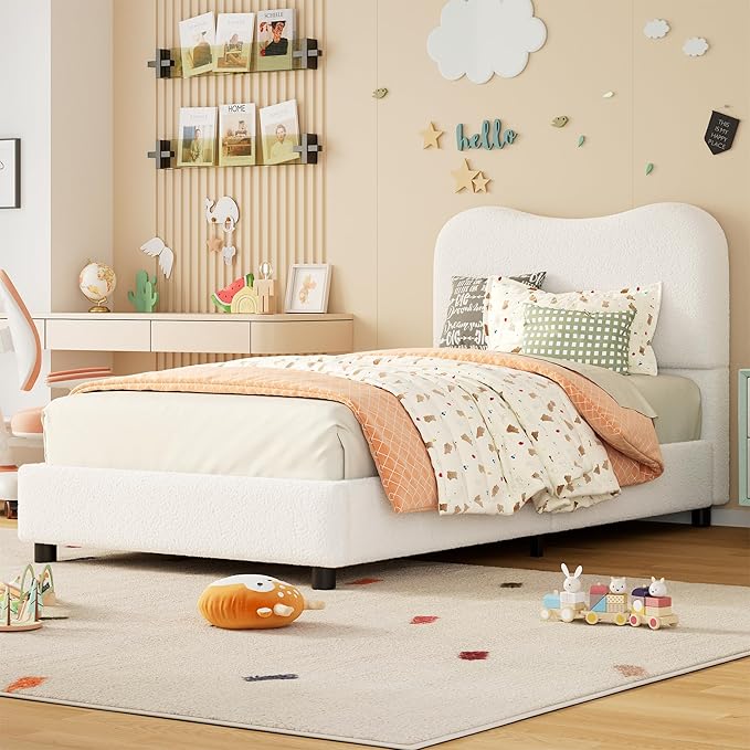 Boucle Twin Bed Frame for Kids with Upholstered Headboard, Low Profile Sturdy Platform Bed with Soft Boucle Fabric for Girls and Boys, Heavy Duty, Wooden Slats, Noise Free, No Box Spring Needed, White