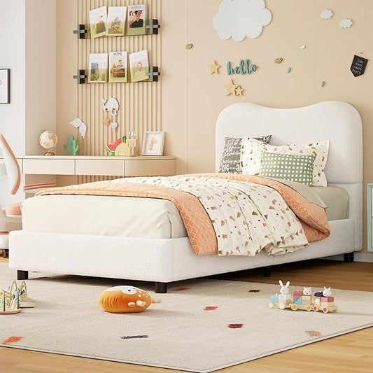 Boucle Twin Bed Frame for Kids with Upholstered Headboard, Low Profile Sturdy Platform Bed with Soft Boucle Fabric for Girls and Boys, Heavy Duty, Wooden Slats, Noise Free, No Box Spring Needed, White