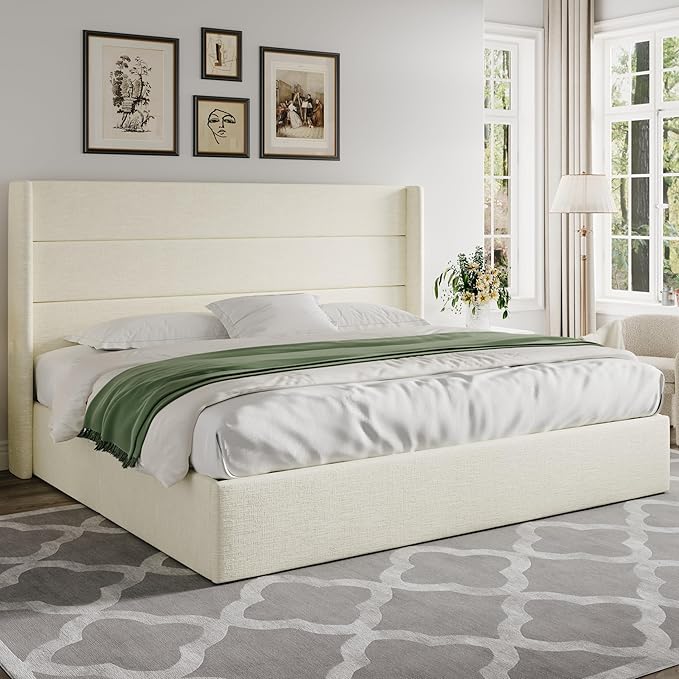 Allewie King Size Lift Up Storage Bed, Chenille Fabric Upholstered, Modern Wingback Headboard, Hydraulic Support, No Box Spring Needed, Cream White