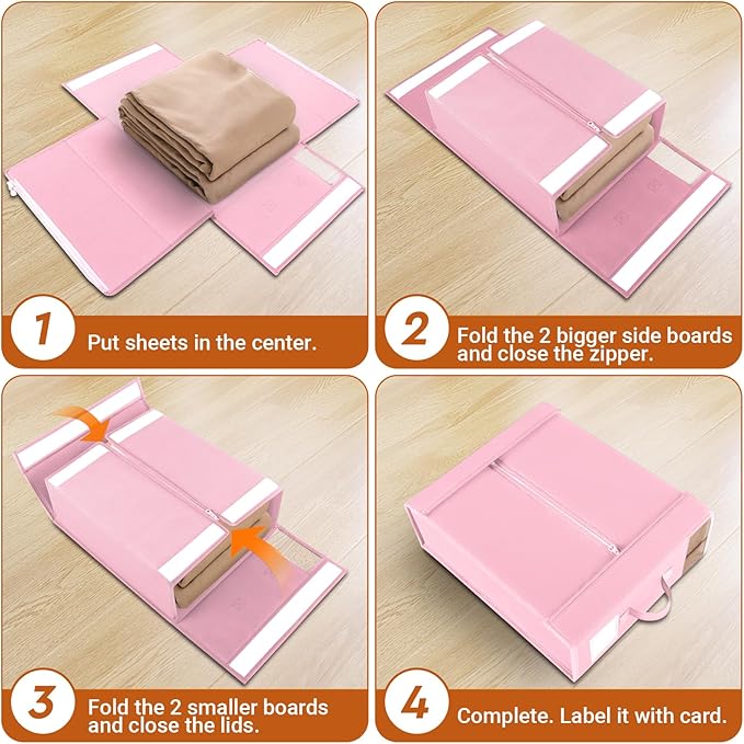 StorageTastic 4 Pack Bed Sheet Closet Organizers and Storage,Sturdy Foldable Storage Containers with Window and Label,Storage and Organization for Bedding Sheets,Duvet Covers,Blankets (Pink)